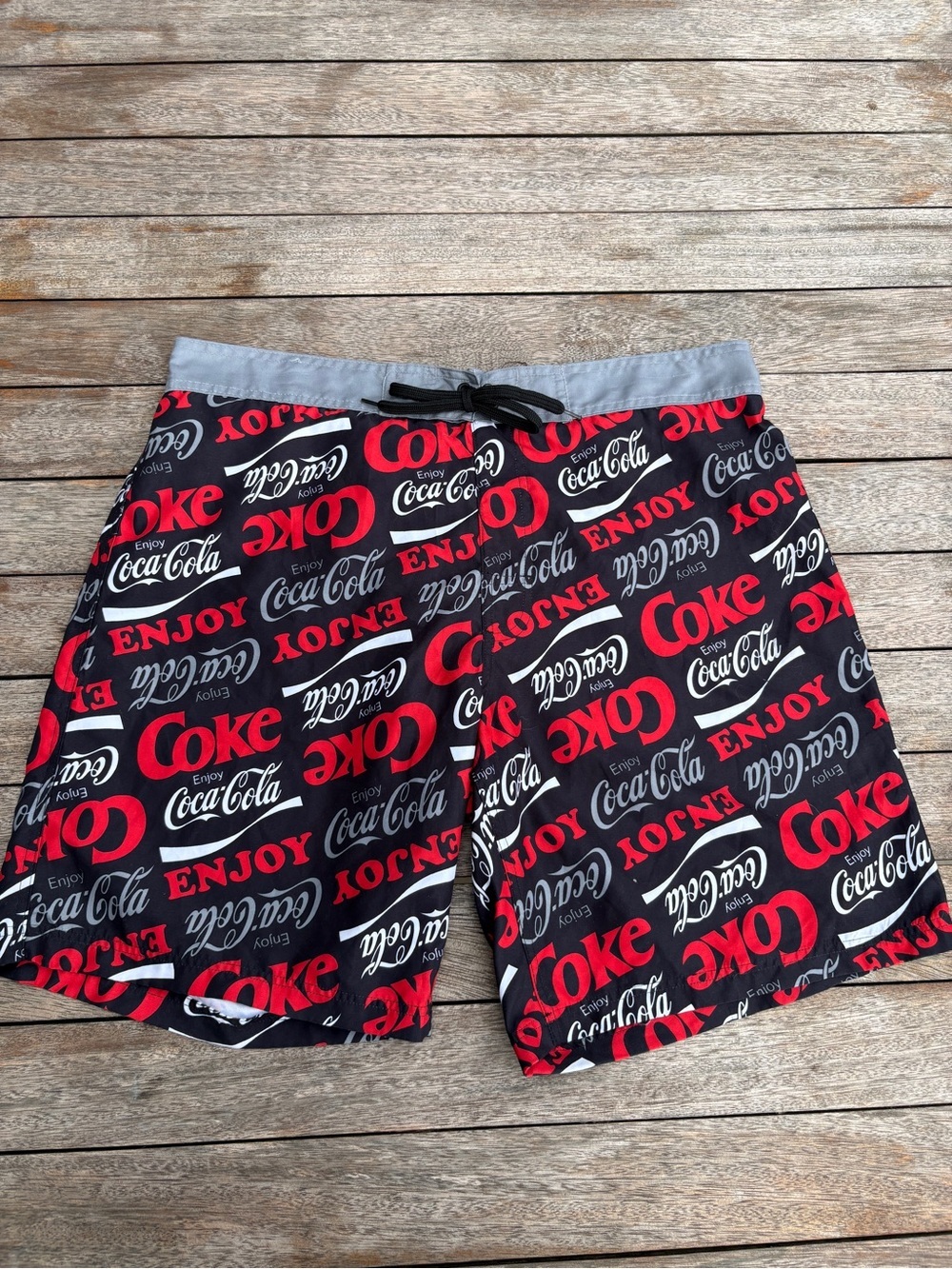 Coca Cola Black Swim Shorts with Red & White Logo Print